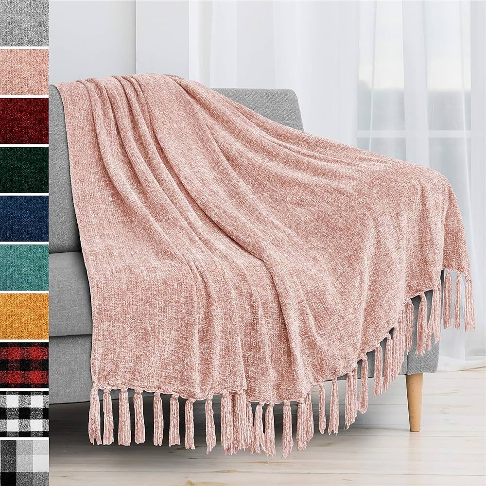 PAVILIA Blush Pink Chenille Throw Blanket for Couch, Soft Light Pink Knit Blanket with Tassel Fringe, Woven Chenille Knitted Decorative Blanket for Sofa Bed Living Room, Decor Gift, 50x60 | Amazon (US)