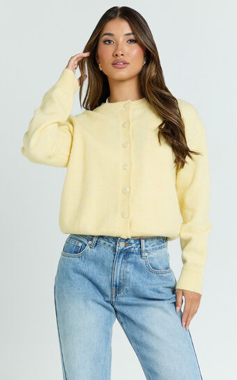 Lucille Cardigan - Button Through Scoop Neck Knit Cardigan in Lemon | Showpo (US, UK & Europe)