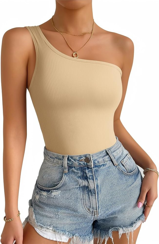 ALGALAROUND One Shoulder Tops for Women Cute Summer Ribbed Sleeveless T Shirt Slim Fitted Casual ... | Amazon (US)