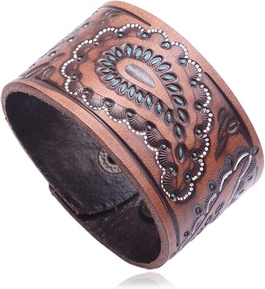 Punk Rock Print Pattern Wristband Wide Leather Cuff Bracelet | Amazon (US)