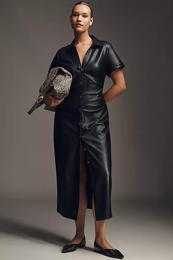 Pilcro Faux-Leather Short-Sleeve Ruched Midi Shirt Dress | Anthropologie (US)