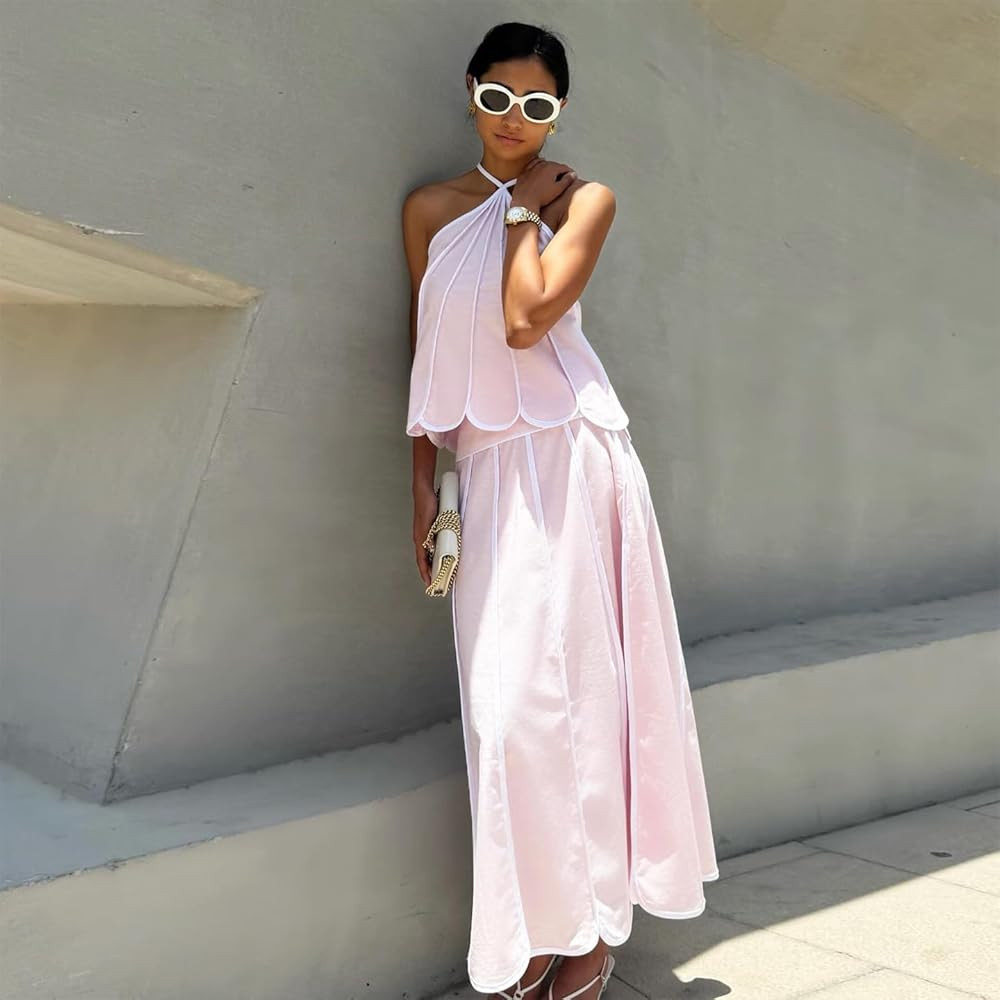 THLAI Women Sleeveless 2 Piece Outfits Halter Neck Scallop Edge Top & Maxi Skirt Set Sweet Going Out Outfits | Amazon (US)
