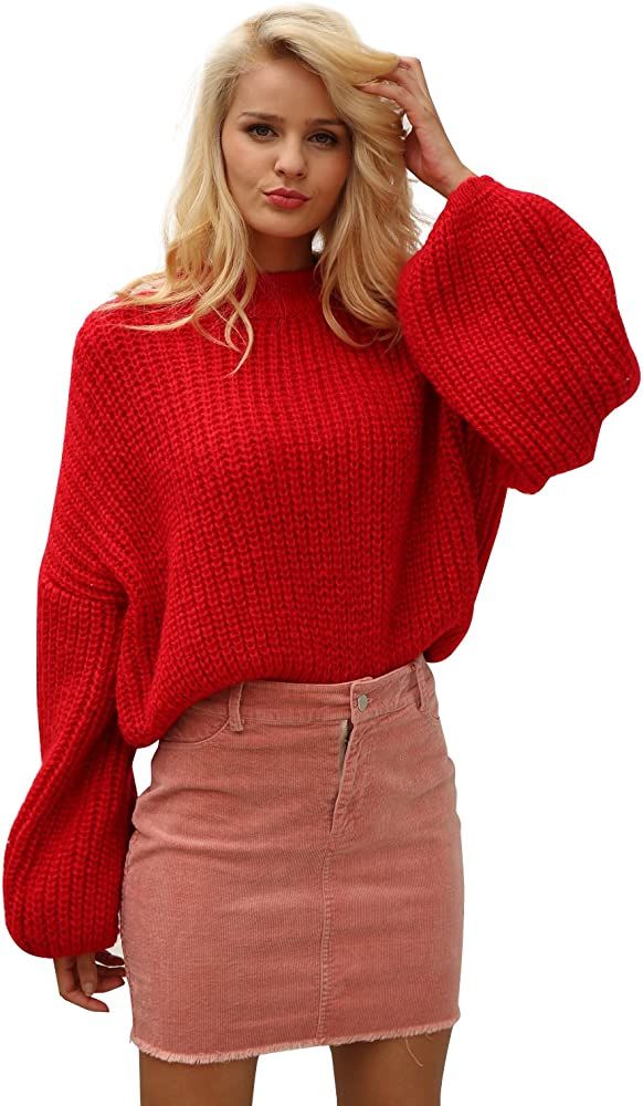 Simplee Women's Oversized Cropped Sweater Lantern Long Sleeve Loose Knit Pullover Sweater | Amazon (US)