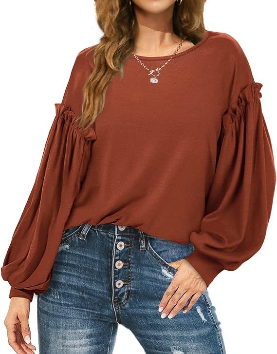 Dofaoo Long Sleeve Shirts for Women Puff Sleeve Scoop Neck Fall Tops Tunics | Amazon (US)