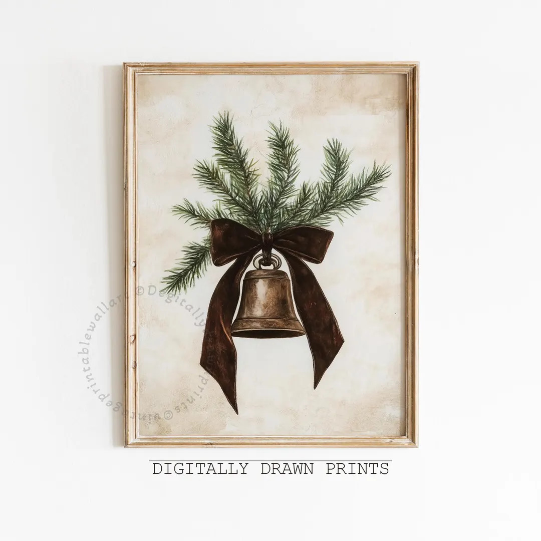 Rustic Christmas Bell Print, Neutral Christmas Printable Wall Art, Vintage Style Seasonable Wall ... | Etsy (US)