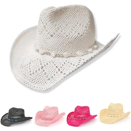 Vamuss Straw Cowboy Cowgirl Hat for Women with Beaded Trim and Shapeable | Amazon (US)