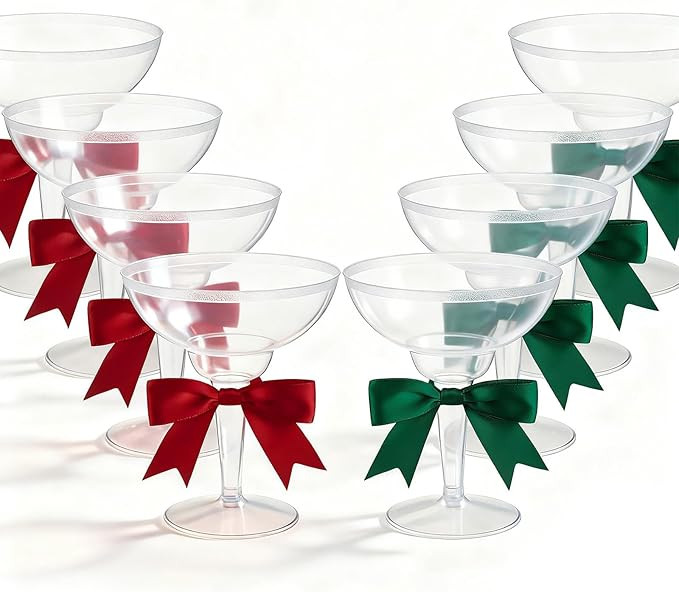 LemonRoad 24 Pcs Clear Plastic Martini Glasses with Red and Green Bows, 12 oz Disposable Plastic ... | Amazon (US)