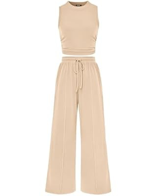 BTFBM Women Summer 2 Piece Outfits Ribbed Knit Crew Neck Sleeveless Cropped Top Elastic Waist Wid... | Amazon (US)