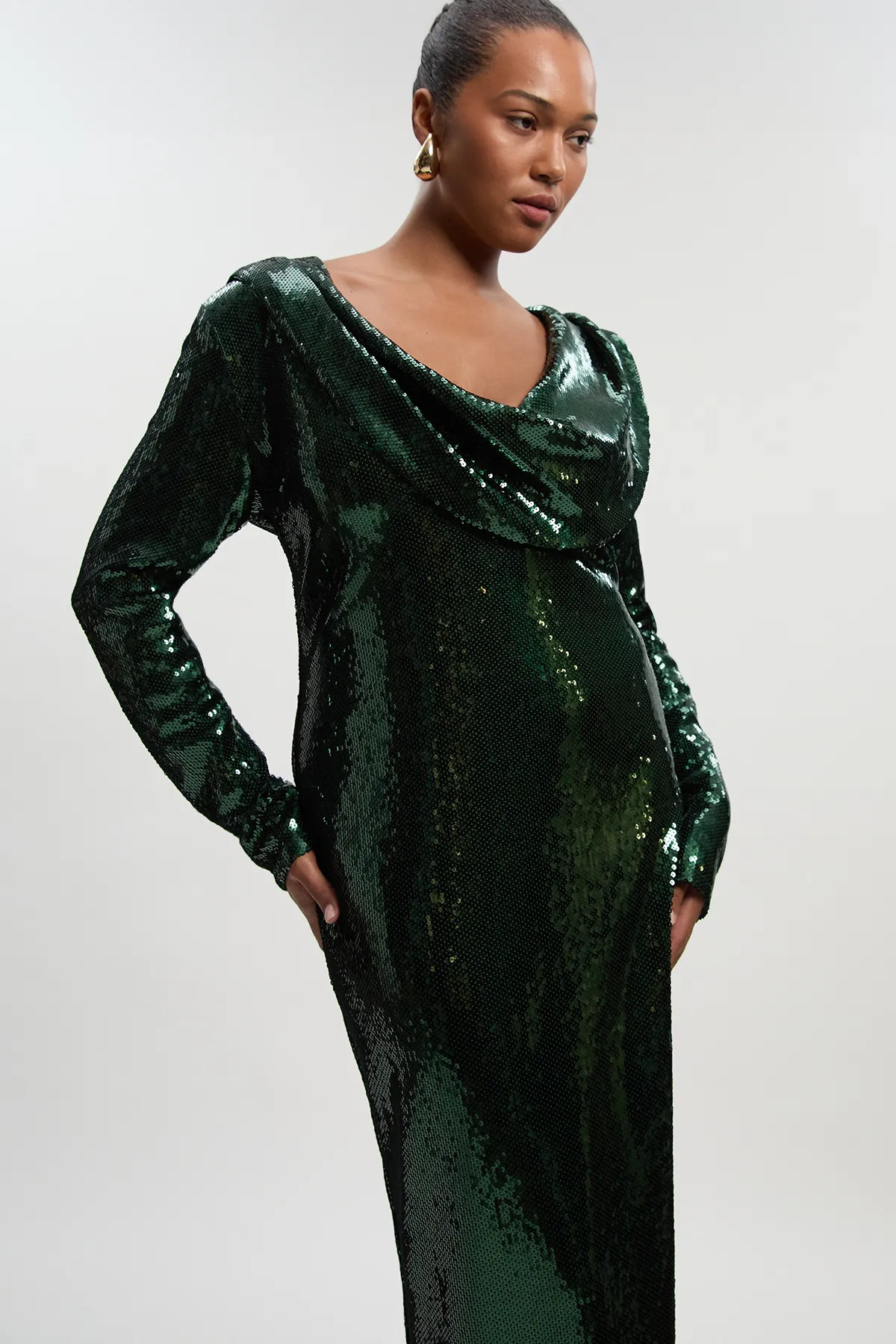 Plus Size Sequin Plunge Cowl Neck Strong Shoulder Long Sleeve Midi Dress | Karen Millen UK + IE + DE + NL
