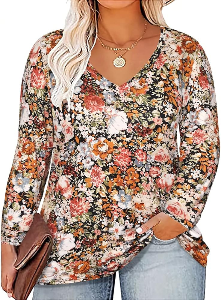 RITERA Womens Plus Size Tops Long Sleeve Shirts V Neck Tunics Fall Casual Pullover Loose Fit Basi... | Amazon (US)