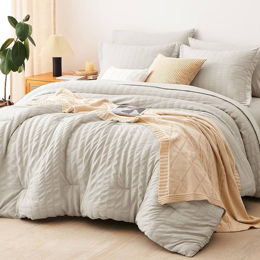 CozyLux Oversized King Comforter Set Beige Seersucker 7 Pieces Bed in a Bag King Comforter Set wi... | Amazon (US)