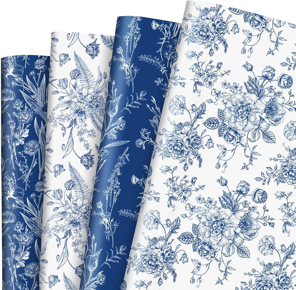 AnyDesign Blue Floral Wrapping Paper Blue White Wild Flower Gift Wrap Paper Bluk Folded Flat Wild... | Amazon (US)