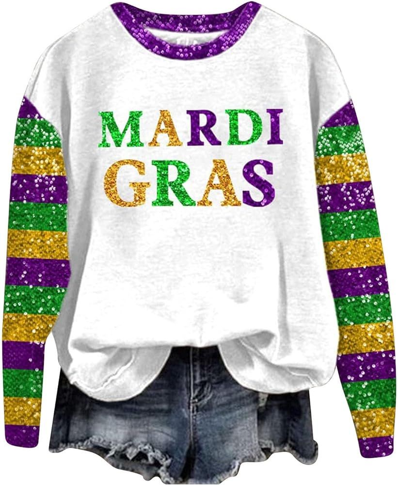 Mardi Gras Costume Mardi Women's Carnival Print Crew Neck Long Sleeve Top Trendy Shirt for Women ... | Amazon (US)