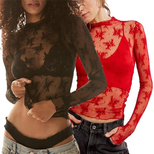2 Pack Women's Long Sleeve Lace Tops Mesh Tops Sheer Layering Top Sexy Mock Neck Floral See Throu... | Amazon (US)