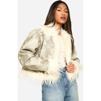 Womens Vintage Look Faux Leather Faux Fur Trim Jacket - Grey - 12 | boohoo (US & Canada)