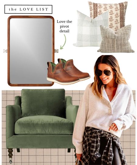 Brown and green are always right in fashion and home decor. a pivoting wood mirror, moss green velvet chair, and windowpane grid rug create a neutral and warm look for fall. Leather pull on boots and a shawl collar sweatshirt keep things casual. 

#LTKstyletip #LTKhome #LTKSeasonal
