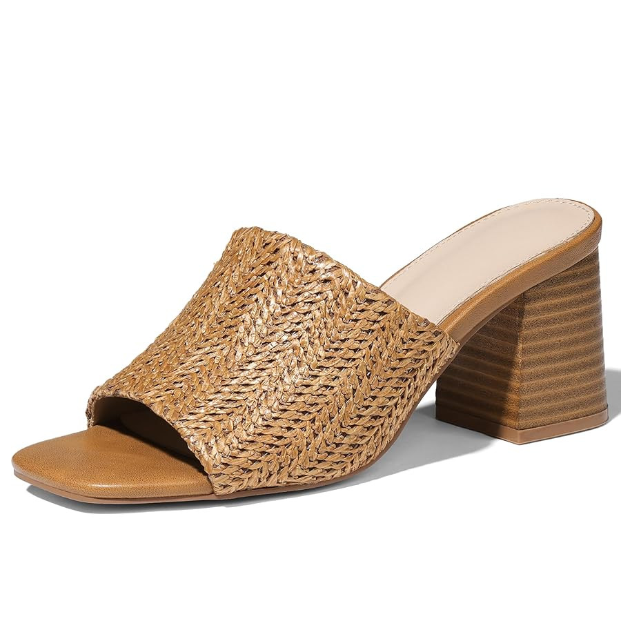 Ancomafio Heeled Sandals for Women，Raffia Sandals 2025 Chunky Heels Square Toe Mules Block Summ... | Amazon (US)