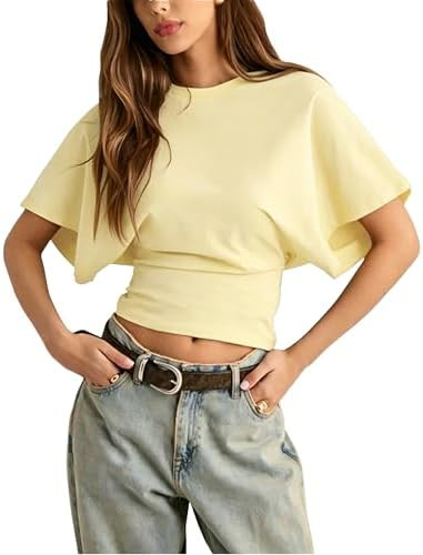 Lumister Shirts for Womens Crewneck Tighten Waist T-Shirt Casual Short Sleeve Workout Tops Solid ... | Amazon (US)