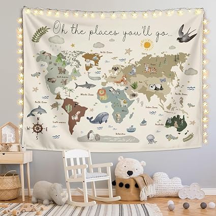 LIANGW Boho Kids World Map Tapestry Wall Hanging, Animal Continents Wildlife Educational Geograph... | Amazon (US)