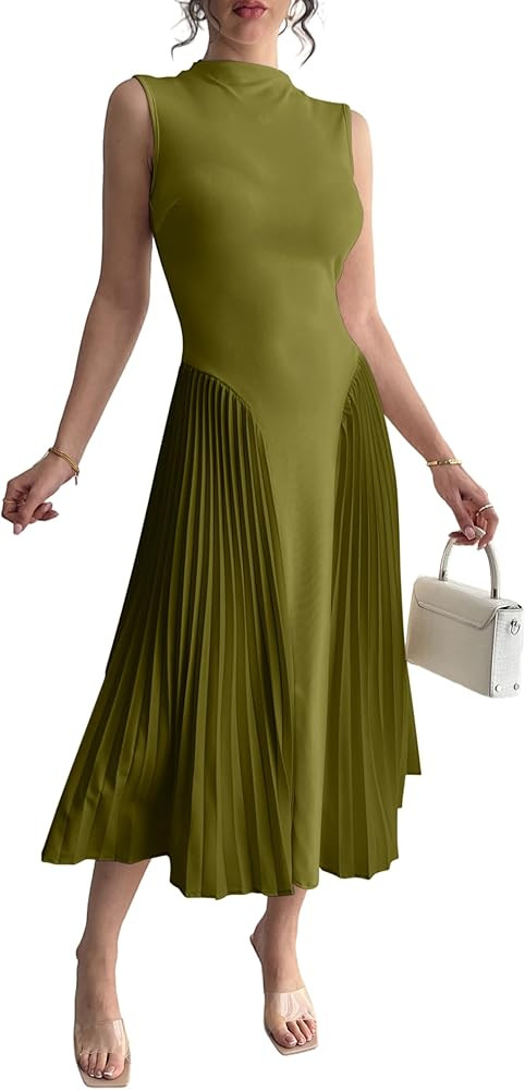 Women Pleated Flowy Midi Dress Turtle Neck Sleeveless Wrinkles Solid Long Dresses Swing Ribbed Kn... | Amazon (US)