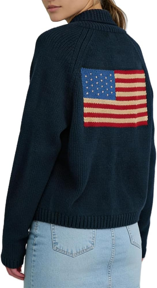 Women Y2k American Flag Pattern Sweater Solid Color Fourth of July Cardigan Patriotic Knic USA Bu... | Amazon (US)
