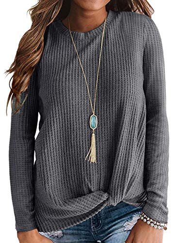 Neineiwu Womens Waffle Knit Tunic Blouse Twist Knot Tops Loose Fitting Plain Shirts (Small, Dark Grey) | Amazon (US)