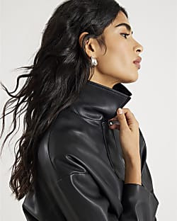 Black Faux Leather Bubble Hem Bomber Jacket | River Island UK & IE