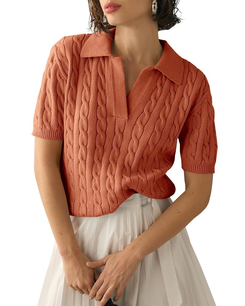 Imily Bela Women's Cable Short Sleeve Sweaters Tops Solid Lapel V Neck Knit Casual Soft Pullover ... | Amazon (US)
