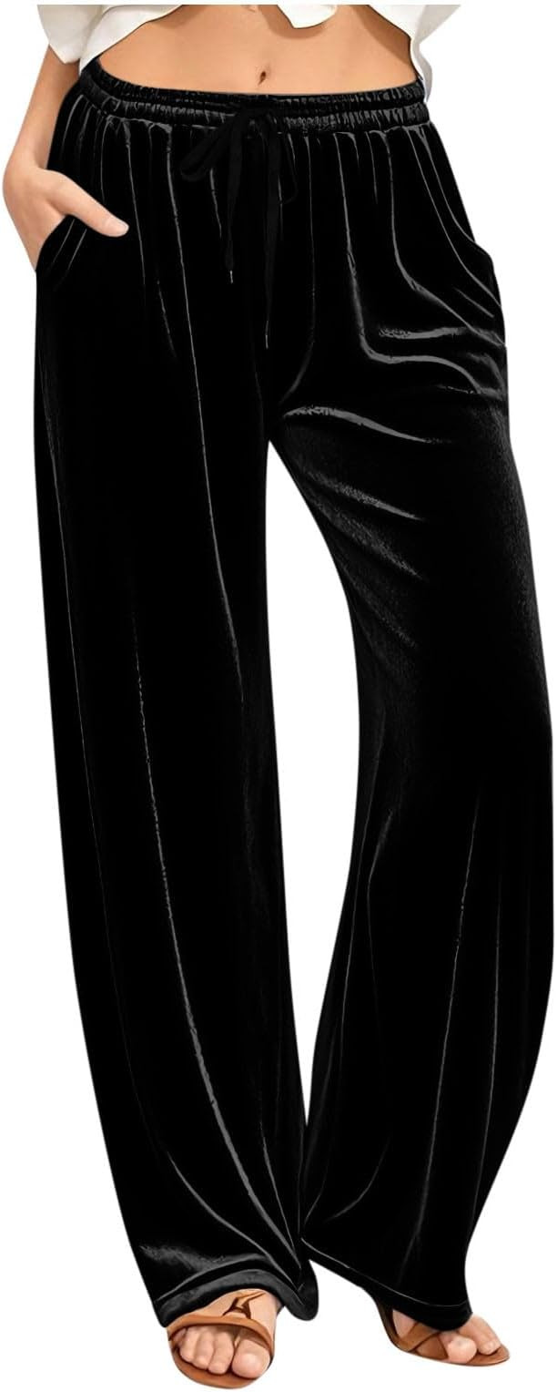 TANGNADE Velvet Pants for Women with Pockets Soft Dressy Casual Elastic Waist Warm Velour Lounge ... | Amazon (US)