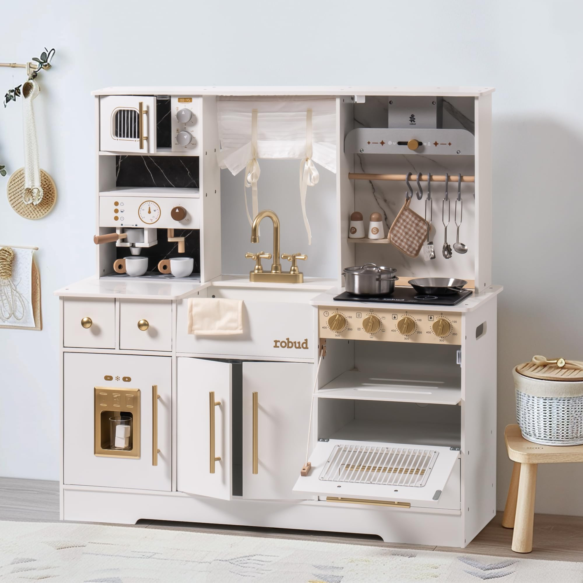 ROBUD Wooden Play Kitchen Set for Kids and Toddlers with Coffee Machine, Ice Maker, Microwave, Oven, Large Cabinet, 12 Accessories, Gift for 3+, White | Amazon (US)