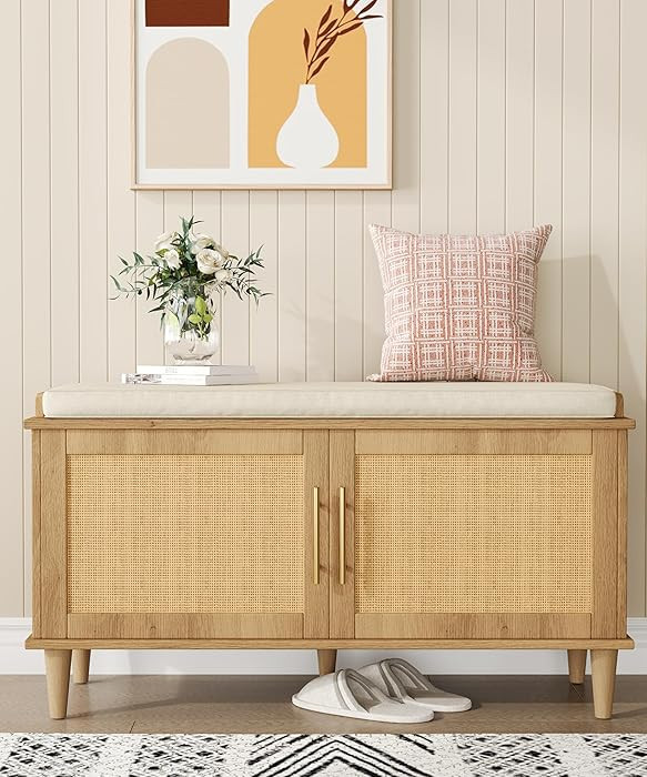 Amazon.com: Akxomel Rattan Shoe Storage Bench with Cushion, 2-Tier Entryway Bench with Adjustable... | Amazon (US)