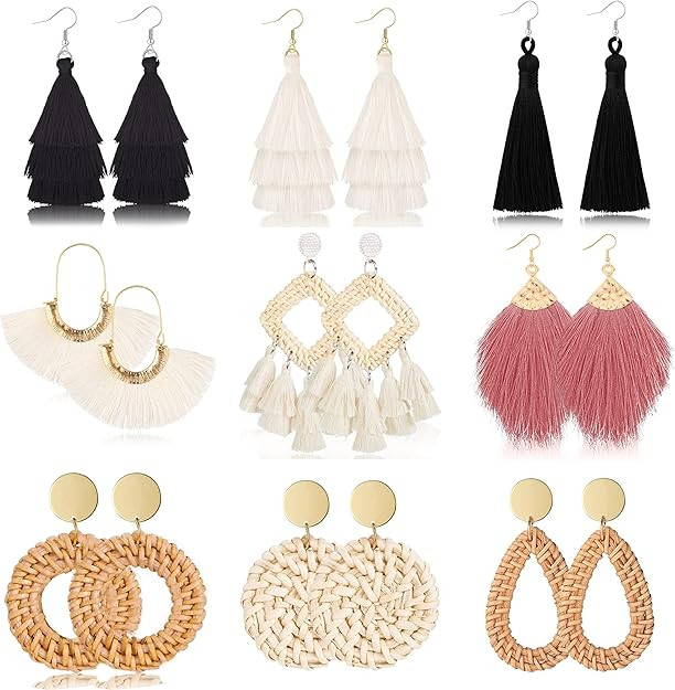 9-12 Pairs Rattan Earrings for Women Handmade Boho Tassel Earrings Lightweight Acrylic Earrings S... | Amazon (US)