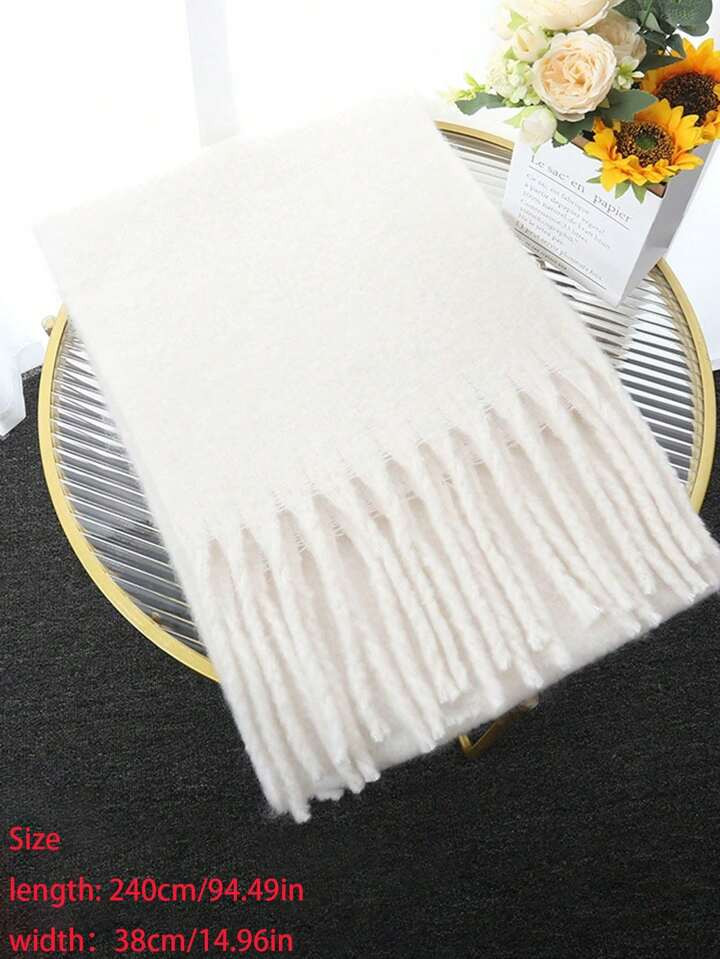 1pc Solid Color Scarf, Winter Warm Neck, Thickened Wool Knitted Thick Fringed Shawl, Winter Scarf | SHEIN