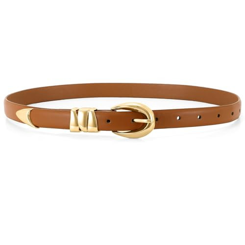 WHIPPY Women Skinny Leather Belt for Jeans Pants Dresses Ladies Fashion Waist Belt with Shiny Gold Buckle,Brown Gold,M | Amazon (US)