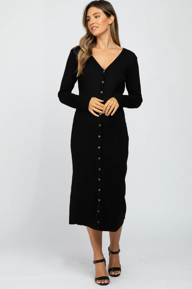 Black Ribbed Button Front Midi Cardigan Maternity Dress | PinkBlush Maternity