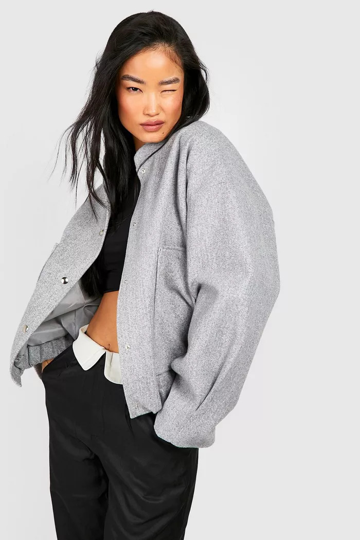 Wool Look Oversized Bomber Jacket | Boohoo.com (UK & IE)