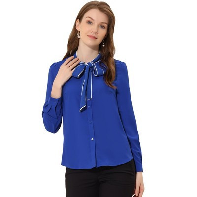 INSPIRE CHIC Women's Tie Neck Contrast Color Button Down Long Sleeves Shirt Small Royal Blue | Target