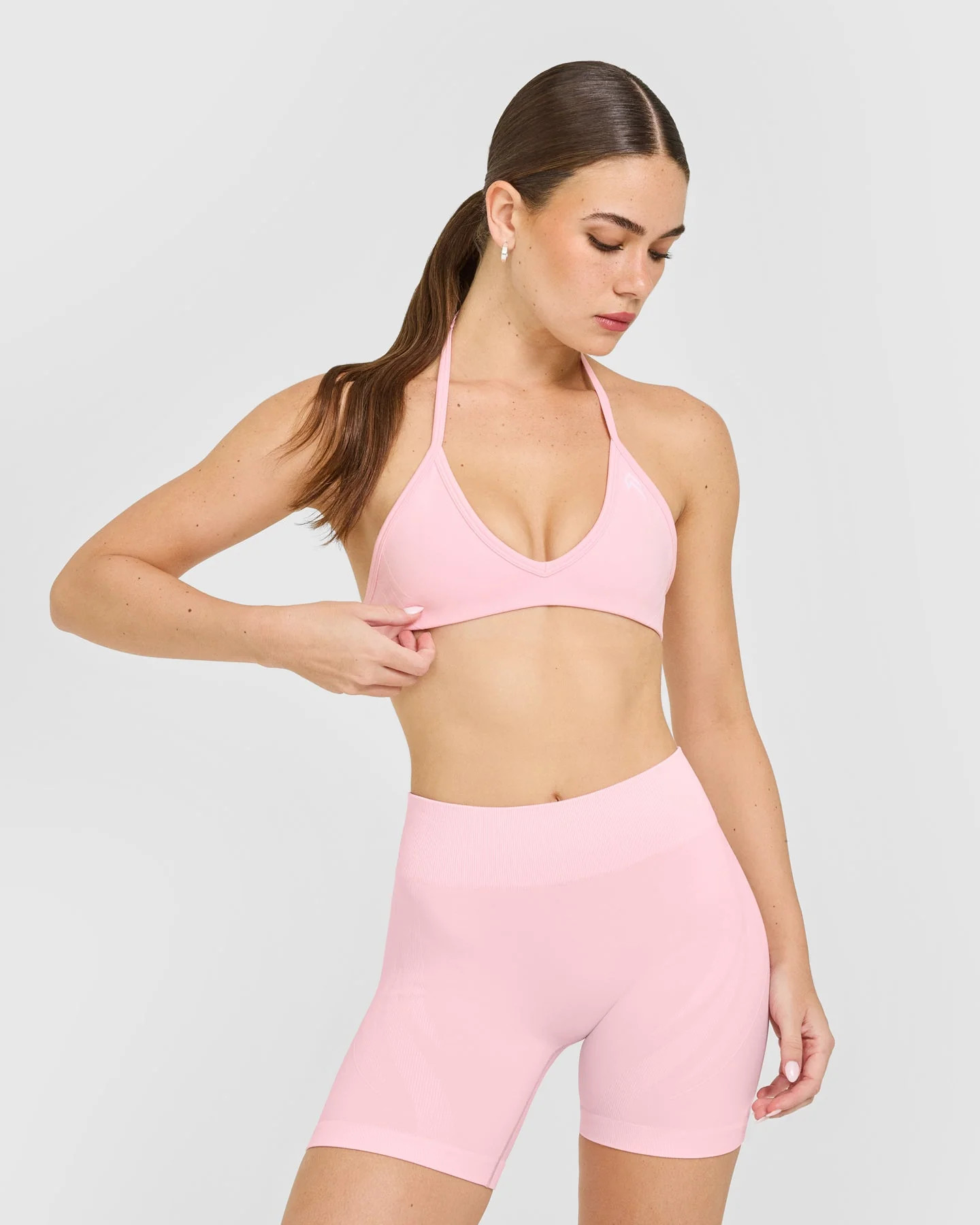 EnhanceLift™ Seamless Minimal Halter Neck Bralette with White Logo 
 Cherry Blossom Pink | Oner Active (UK / US)