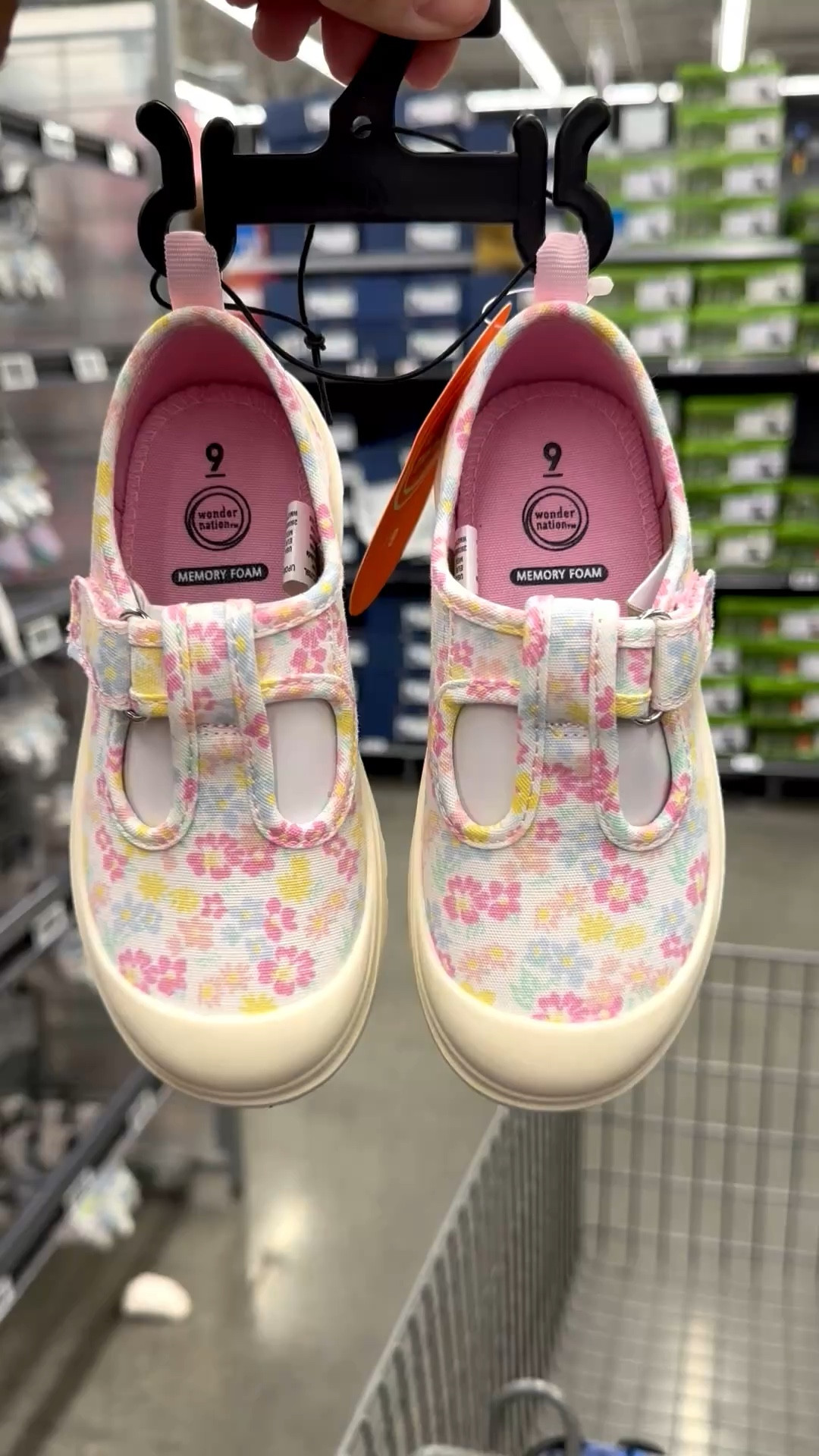 Floral chunky heel velcro t strap toddler shoe memory foam