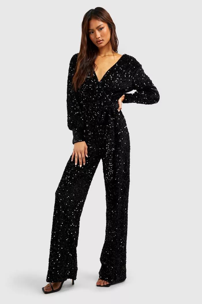 Tall Sequin Wrap Belted Jumpsuit | boohoo (US & Canada)