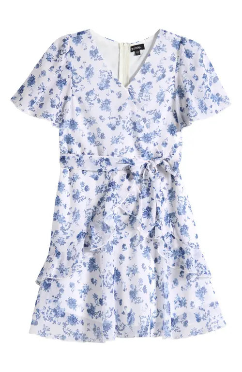 Zunie Kids' Flutter Sleeve Faux Wrap Party Dress in Ivory/blue at Nordstrom, Size 16 | Nordstrom