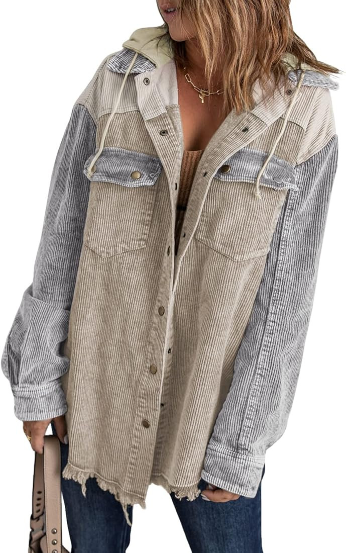 Sidefeel Women Corduroy Hooded Colorblock Long Sleeve Jacket Raw Hem Coat Outwear | Amazon (US)