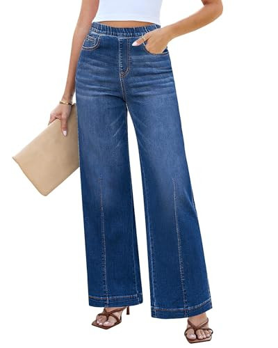 LookbookStore Wide Leg Jeans - Women's Dark Wash Blue Palazzo Jeans - Size Large | Amazon (US)