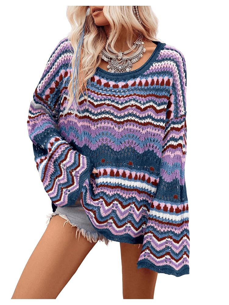COZYEASE Women's Oversized Colorful Sweater Drop Shoulder Pullover Crochet Hollow Fall Outfit Swe... | Amazon (US)