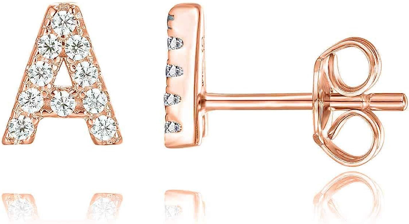 PAVOI 14K Rose Gold Plated Sterling Silver CZ Alphabet Letter Earrings | Initial Earrings for Gir... | Amazon (US)