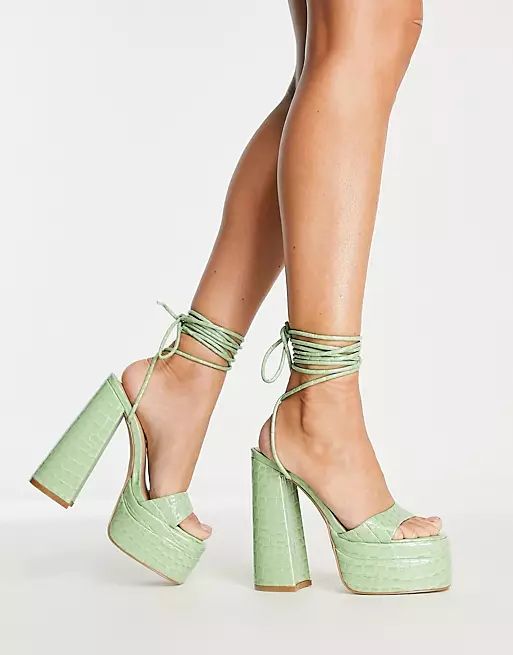 Simmi London platform heeled sandals in sage green | ASOS (Global)