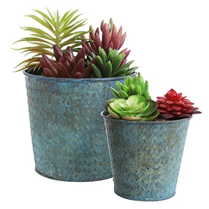 Mini Rustic Metal Succulent Planters, Round Flower Display Pots, Set of 2, Teal | Amazon (US)