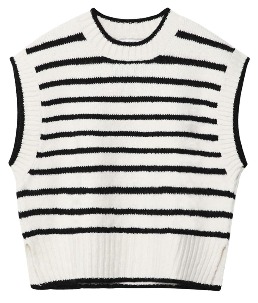 Lueluoye Sweater Vest for Women 2024 Crew Neck Cap Sleeve Tops Striped Knit Tank Top S-2XL | Amazon (US)