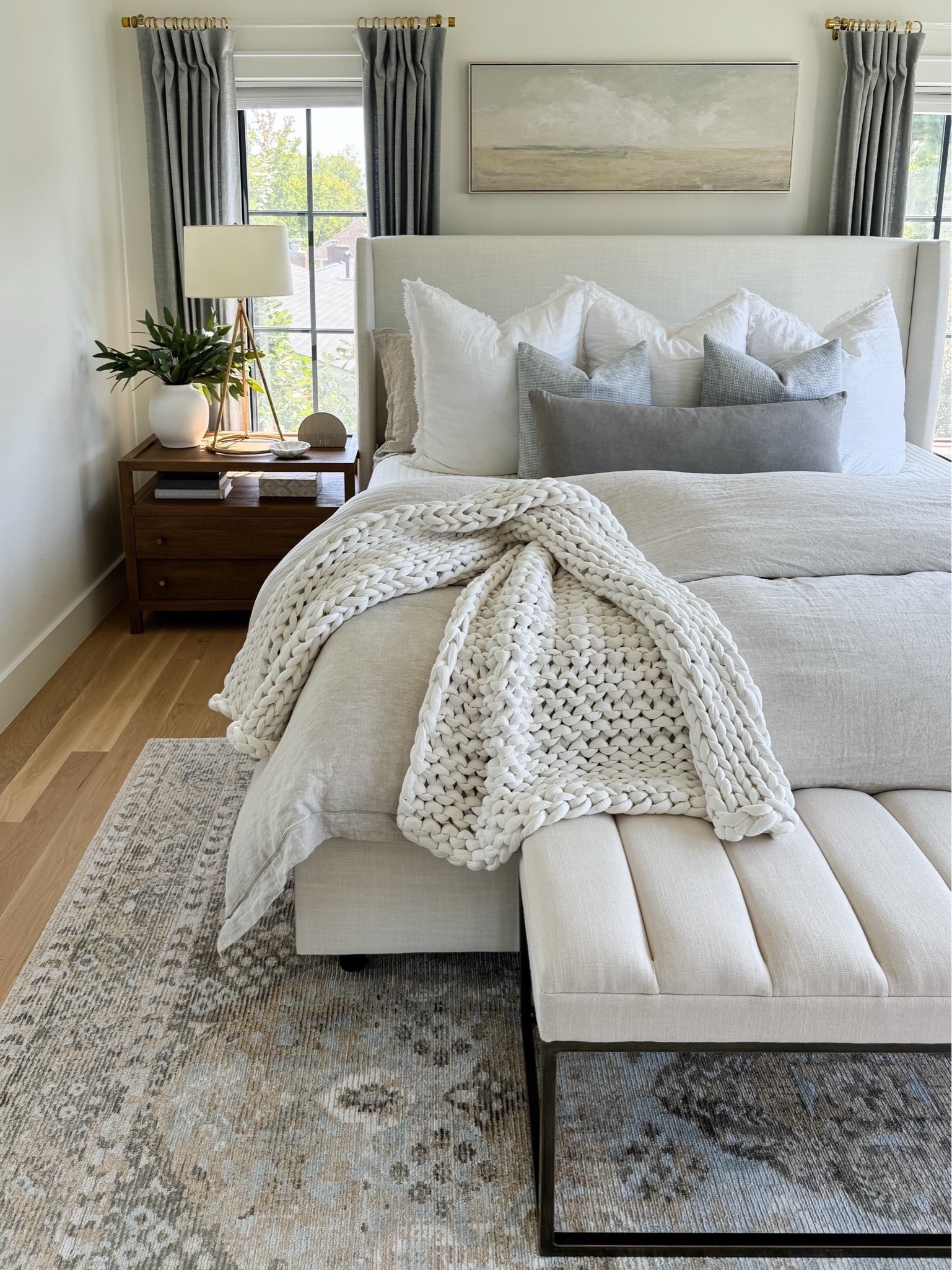  I switched out my white bedding to my favorite cream bamboo sheets and natural linen duvet cover. These faux eucalyptus stems are perfect year round. Curtains are mineral blue with light filtering lining. Paint color is BM Simply White 


#LTKFindsUnder50 #LTKHome #LTKFindsUnder100