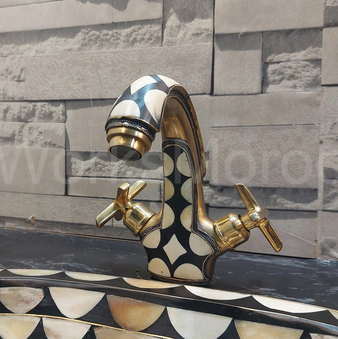 Brass Traditional Sink Faucet Studded With White and Black Resin - Etsy | Etsy (US)